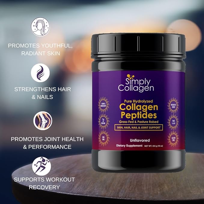 Simply Collagen® Hydrolyzed Collagen Peptides - Enhances & Strengthens Hair, Skin, Nails, Bones & Joints - Grass Fed, Type I & III - 41 Servings Per Container