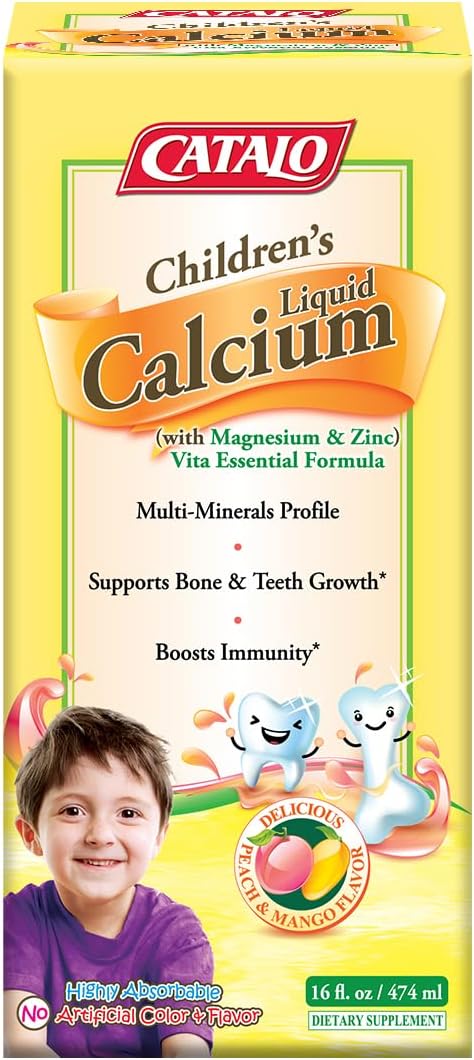 CATALO Children’s Liquid Calcium Magnesium Zinc, Peach and Mango Flavor, Multi-Minerals for Bone & Teeth for Kids Calcium, Kids Zinc, No Artificial Colors & Flavors