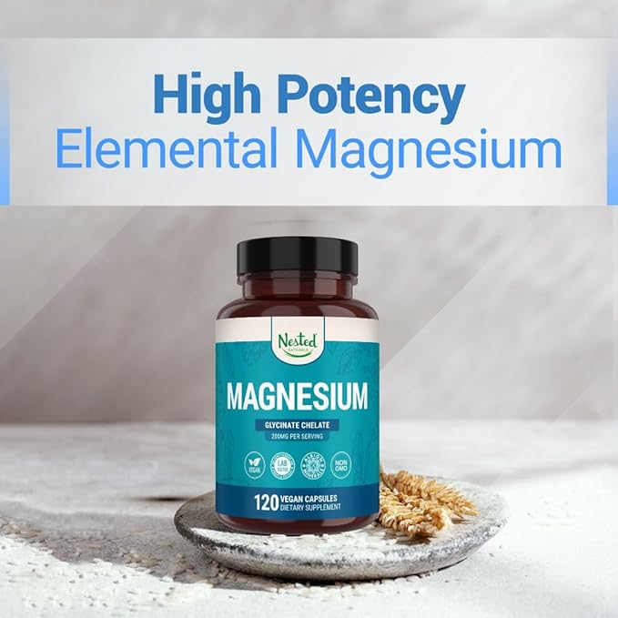 Nested Naturals Magnesium Glycinate Chelate - 200mg Chelated Magnesium Supplement for Muscle Cramps, Relaxation, & Sleep Support - 100% Albion TRACCS Buffered Magnesium Glycinate - 120 Vegan Capsules