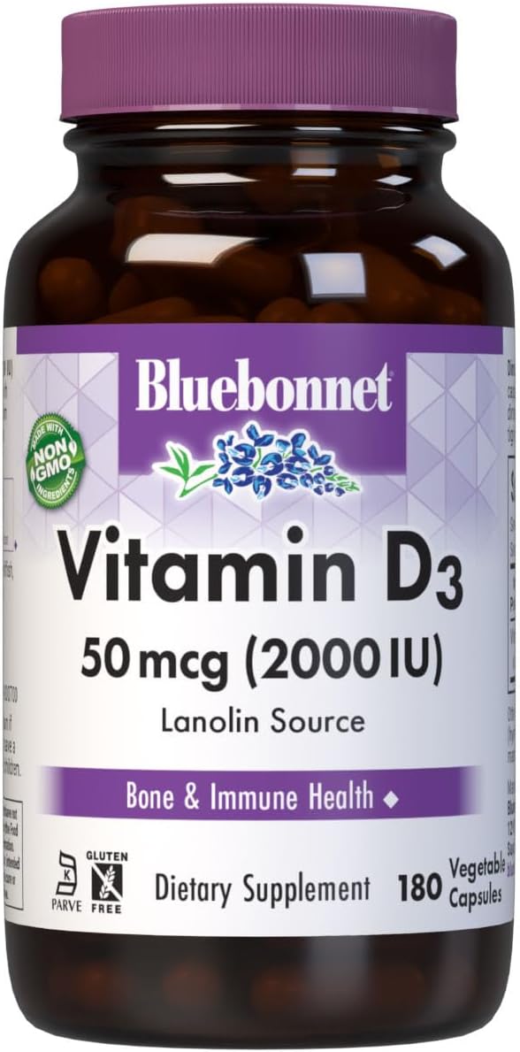 Bluebonnet Nutrition Vitamin D3 2000 IU Vegetable Capsule, Aid in Muscle and Skeletal Growth, Cholecalciferol from Lanolin, D3, Non GMO, Gluten Free, Soy Free, Milk Free, Kosher, 180 Vegetable Capsule