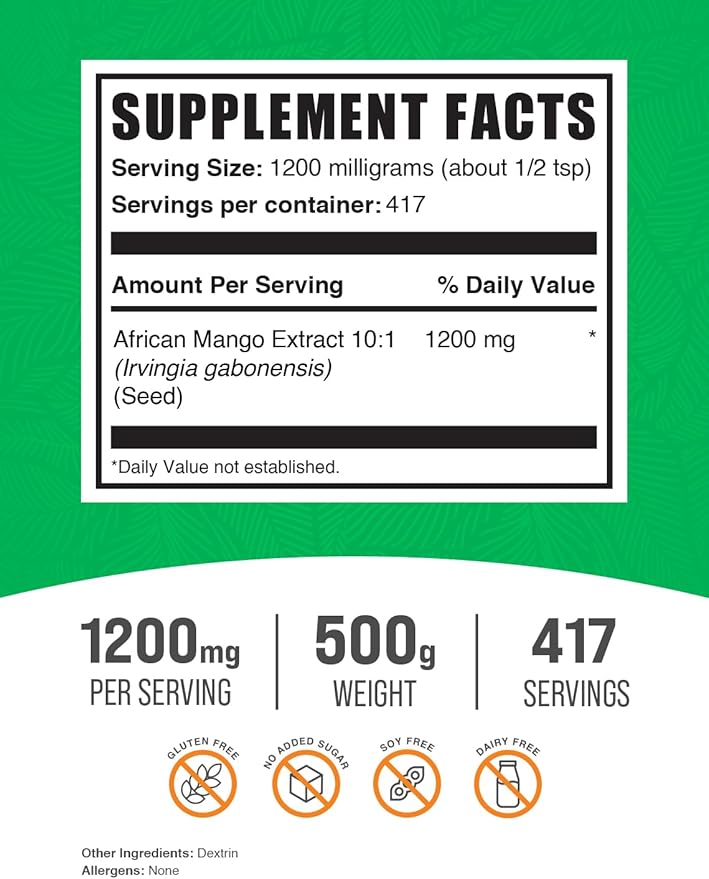 BulkSupplements.com African Mango Extract Powder - Irvingia Gabonensis, African Mango Powder - Gluten Free, 1.2g per Serving, 500g (1.1 lbs) (Pack of 1)