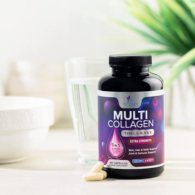 Collagen Peptides for Women & Men - Type I, II, III, V, X Multi Collagen Pills, Hydrolyzed Collagen Peptides Supplements, Nature's Hair, Skin, Nail, and Joint Support Supplement, Non-GMO, 180 Capsules