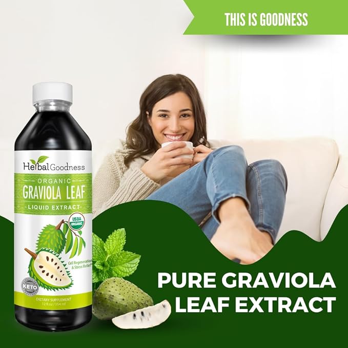 Herbal Goodness Soursop Graviola Leaf Extract 15X Strength – Organic Soursop Bitters Liquid Drop for Cell Support, Regeneration, Relax, Immune Boost, Stress Relief, Liver & Sleep Support, 12oz
