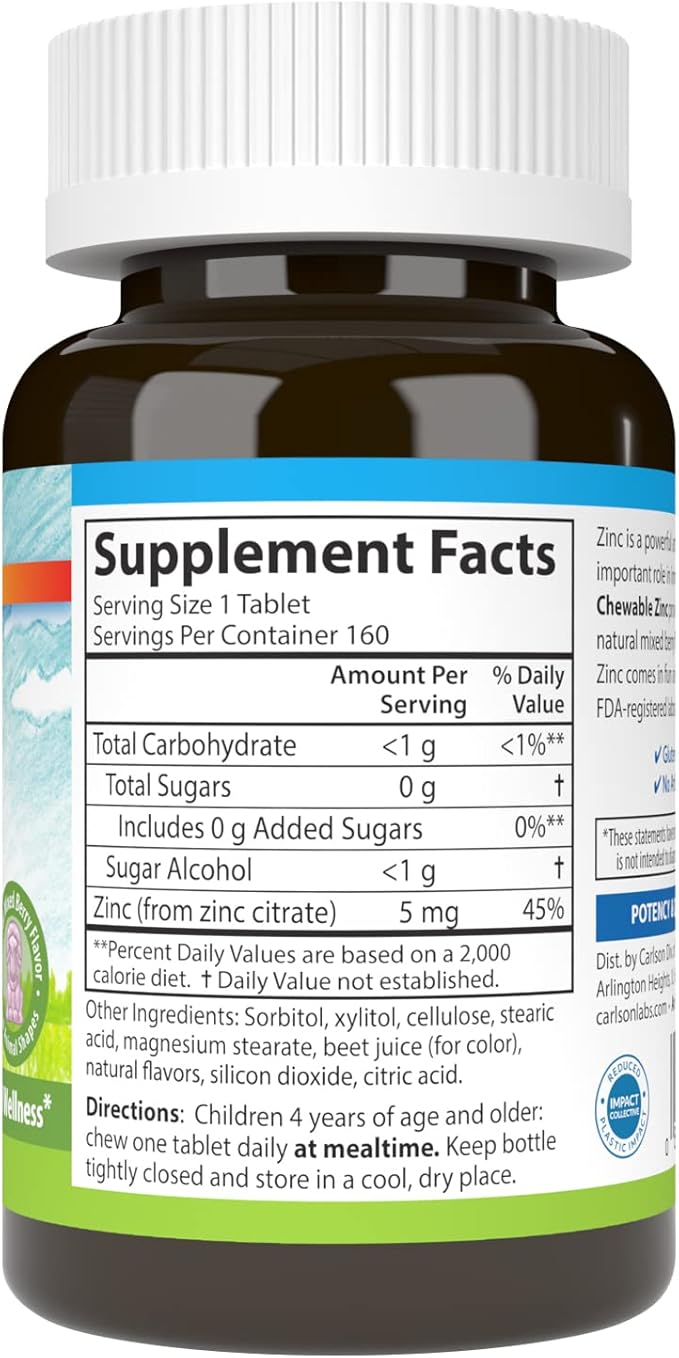 Carlson - Kid's Chewable Zinc, 5 mg, Health Support, Natural Mixed Berry Flavor, 160 Tablets