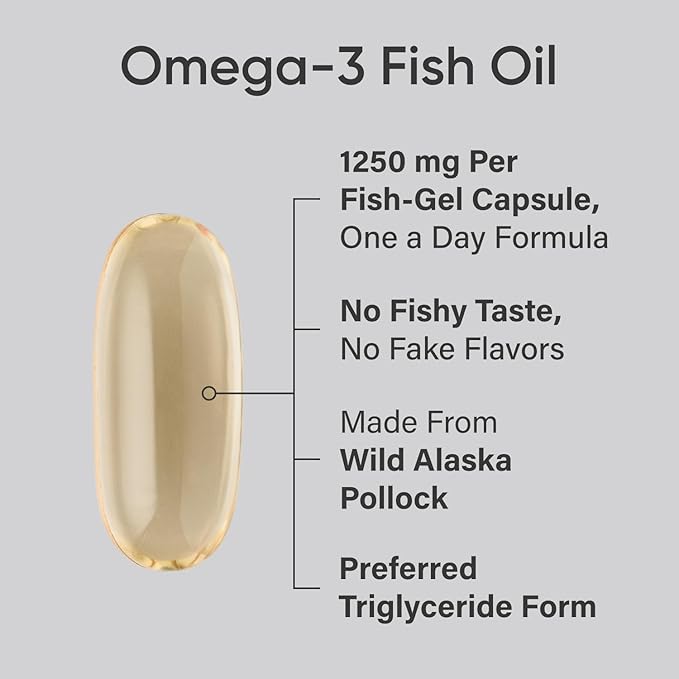 Sports Research Triple Strength Omega 3 Burpless Fish Oil 1250mg from Wild Alaska Pollock, Vitamin D3 5000 IU with Coconut MCT Oil (125mcg) and Vegan Biotin 5000mcg Vitamin B7-30 Softgels Each