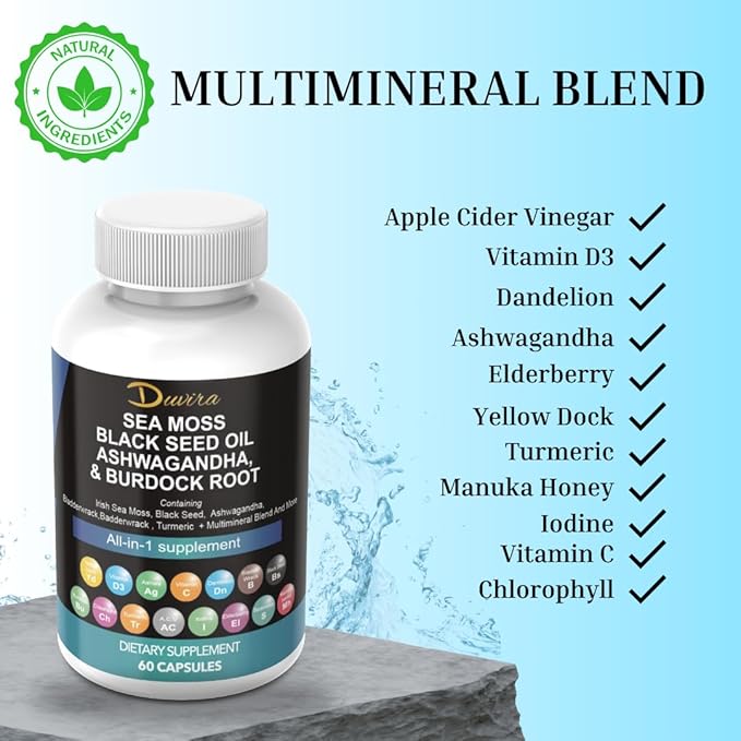 Sea Moss 3000mg Black Seed Oil 2000mg Ashwagandha 1000mg Turmeric 1000mg Bladderwrack 1000mg Burdock 1000mg & Vitamin C & D3 with Elderberry Manuka Dandelion Yellow Dock Iodine Chlorophyll ACV