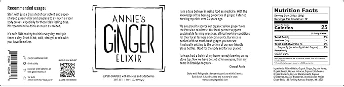 Annie's Ginger Elixir, 34oz 4-Pack, Pure Natural Organic Tonic Ginger Shot, Digestive Cleanse Boosts Immune Defense, Daily Gut Health and Wellness, Non-GMO Beverage
