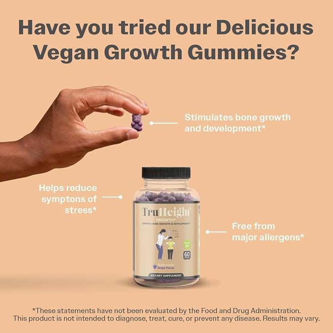 TruHeight Growth Gummies (Grape) Natural Growth & Development Supplement for Kids & Teens - Vitamin D, K, Calcium & Ashwaganda - Bone Strength Vitamins - Picky Eater Vitamin for Kids - Ages 5+