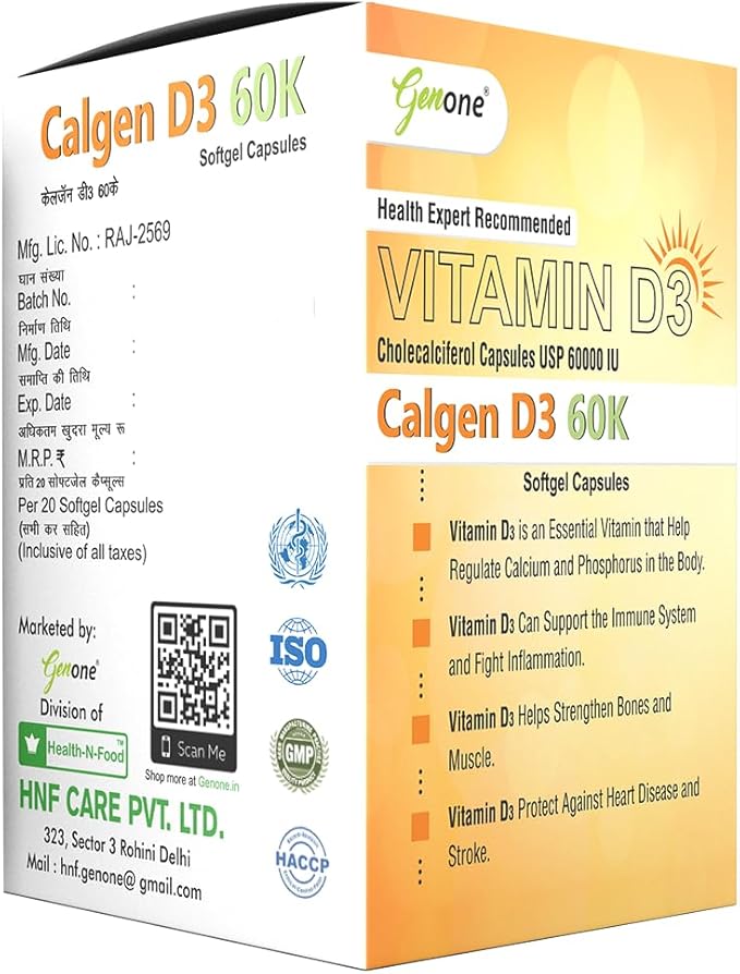 GENONE Calgen D3 Vitamin D3 Capsule for Boosting Immunity, Healthy Bones and Strong Muscles (20 Caps)