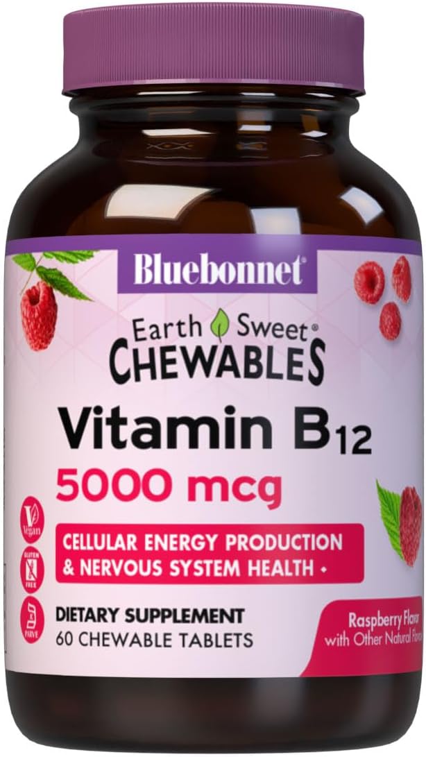 BlueBonnet Nutrition Earth Sweet Vitamin B12 5000 mcg Chewable Tablets, Soy-Free, Gluten-Free, Kosher Certified, Dairy-Free, Vegan, Raspberry Flavored, 60 Chewable Tablets, 60 Servings