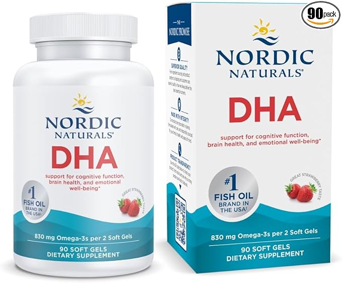 Nordic Naturals DHA, Strawberry - 90 Soft Gels - 830 mg Omega-3 - High-Intensity DHA Formula for Brain & Nervous System Support - Non-GMO - 45 Servings