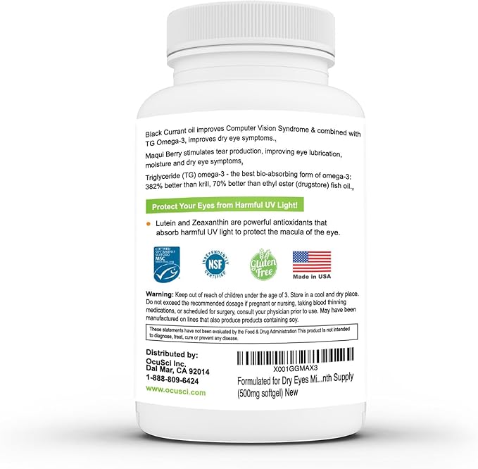 Formulated for Dry Eyes Mini-softgels of Ultra pure Omega-3, Black Currant Oil, Maqui Berry, Lutein, Zeaxanthin, Vitamins B12 and D3 (2 Month (180 mini softgels)