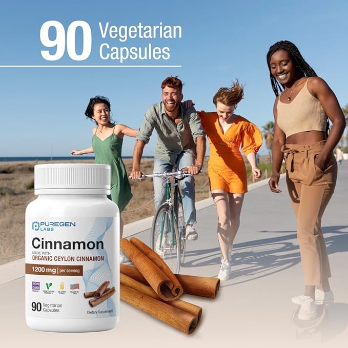 Puregen Labs Organic Cinnamon (Ceylon Cinnamon) 1,200mg Serving Total 180 Veggie Caps - No Harmful Additives | Non-GMO | Gluten-Free – Made in USA