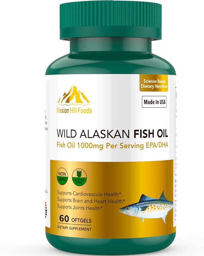 Omega-3 Wild Alaskan Fish Oil (1000mg) | Supports Heart, Brain & Joint Health (1 Bottle-60 Softgels-2mo Supply) | High EPA & DHA | Non-GMO & Gluten Free