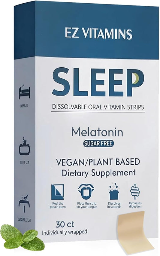 Dissolvable Oral Sleep Strips with 5 mg Melatonin, Valerian Root, L-Theanine and Vitamin B6 - Fresh Mint Flavor, No Water Needed, Works Faster Than Gummies, Sleep Support Oral Strips, 30ct