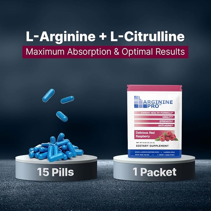 L-ARGININE PRO Supplement Powder | 60 Packets Single Serve Travel Size | 5,500mg of L-arginine Plus 1,100mg L-Citrulline, Raspberry