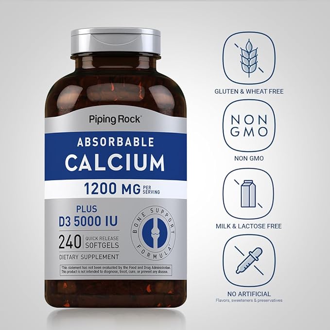 Piping Rock Calcium 1200 mg with Vitamin D3 | 240 Softgels | Absorbable Calcium Carbonate Pills | Non-GMO, Gluten Free Supplement