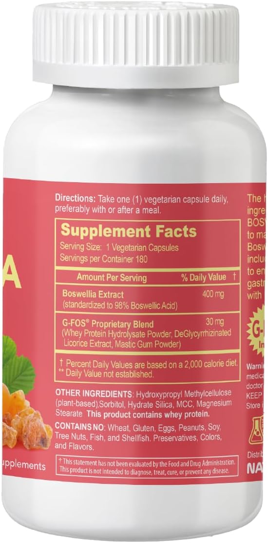Super Boswellia Serrata with G-FOS - 98% Boswellic Acid - Supports Joint & Mobility Health - 180 Vegan Capsules, 180 Day Supply