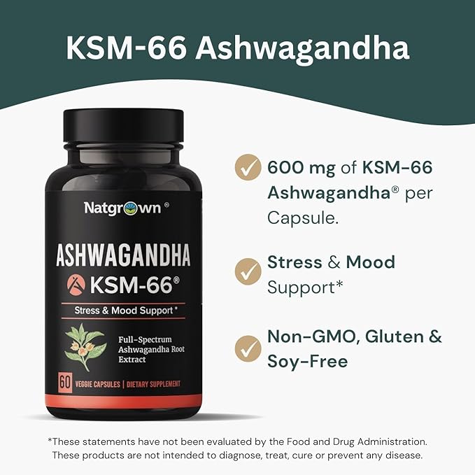 Natgrown Ashwagandha KSM 66 Supplement 600 mg - Stress, Mood, & Athletic Support - Organic KSM66 Root Extract with 5% Withanolides - Vegan Capsules - 60 Count