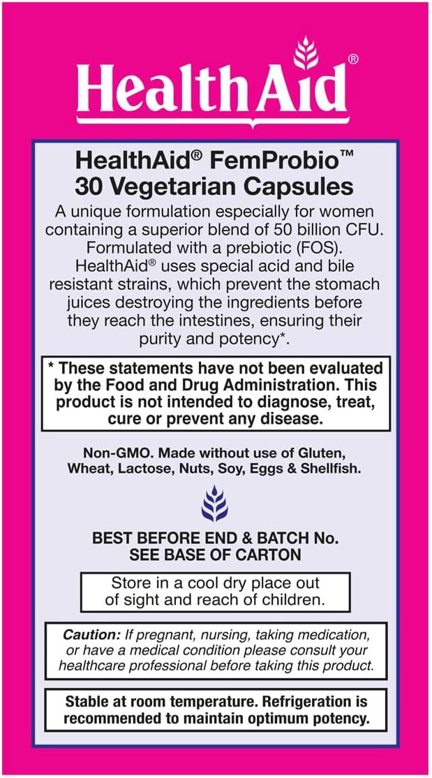 FemProbio, 50 Billion with Prebiotic, 30ct, Helps with Vaginal Support, Acid & Bile Resistant, Lactose, Gluten, GMO Free, Vegetarian