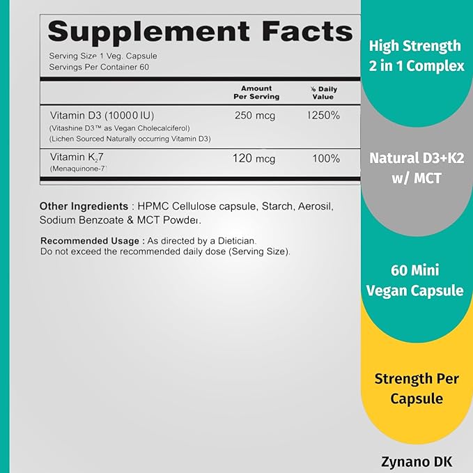 DK | Vegan Vitamin D3 10000 IU, Vitamin K2 120 Mcg with MCT Powder, Vegan Vitamin D3 K2 Supplement - 60 Cap