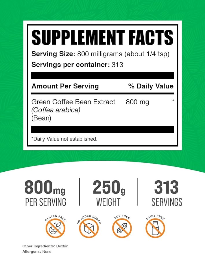 BulkSupplements Green Coffee Bean Extract Powder - Green Coffee Bean Supplements - Energy Support, Gluten Free, 800mg per Serving, 250g (8.8 oz) (Pack of 1)