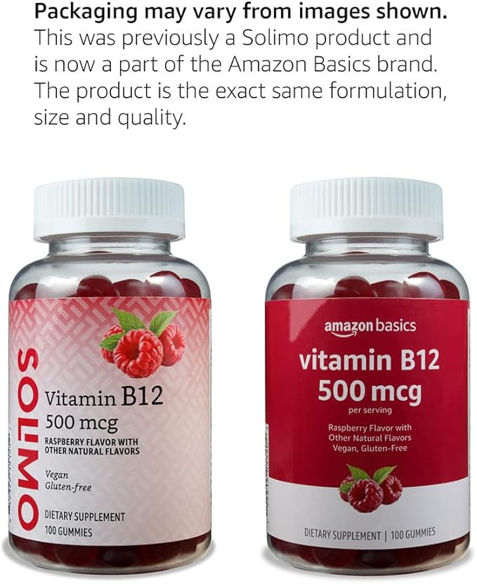 Amazon Basics Vitamin B12 500 mcg Gummies - Normal Energy Production and Metabolism, Immune System Support, Raspberry, 100 Count (2 per Serving) (Previously Solimo)