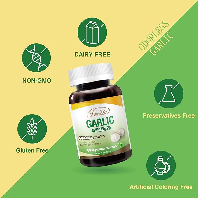Lovita Odorless Garlic Extract, 50mg 100:1 Concentrate, High Potency, 1.25% Allicin, Gluten-Free, Supports Immune & Cardiovascular Health, 60 Vegan Capsules (Pack of 5)