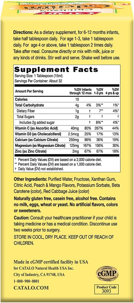 CATALO Children’s Liquid Calcium Magnesium Zinc, Peach and Mango Flavor, Multi-Minerals for Bone & Teeth for Kids Calcium, Kids Zinc, No Artificial Colors & Flavors