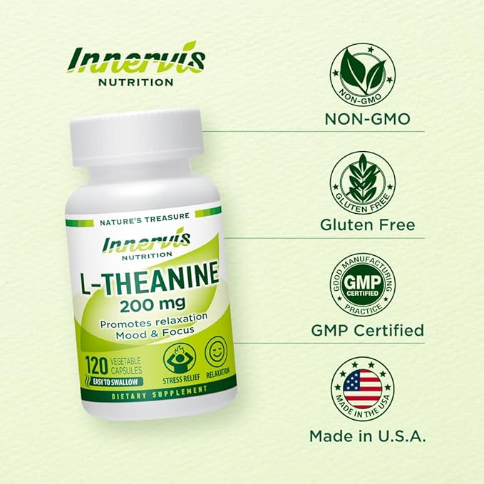 L-Theanine 200mg - Promotes Relaxation Focus and Concentration 120 Veggie Capsules Stress Relief Supplement