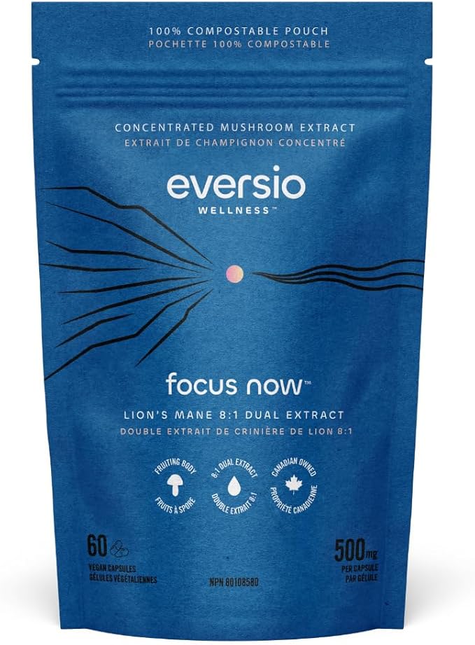 Eversio Wellness Organic Lion’s Mane Mushroom Supplement Focus Now - 8:1 Dual Extract, 500mg, 60 Vegan Capsules, >35% Beta-D-Glucans, Memory & Focus Support