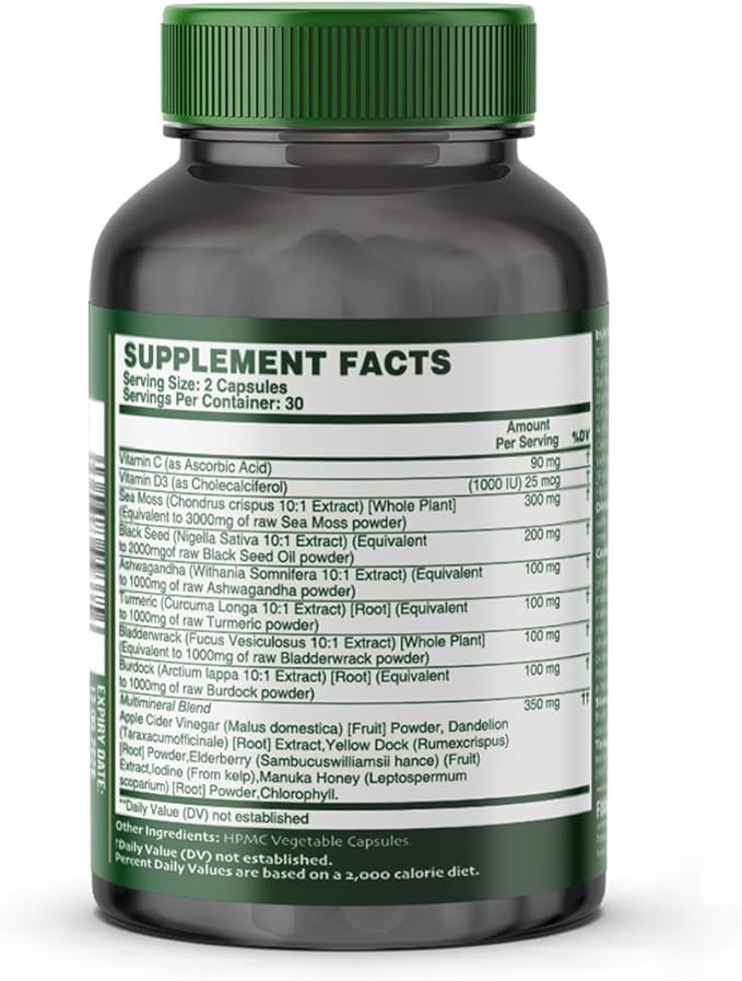 Sea Moss with Black Seed Oil, Ashwagandha, Turmeric, Bladderwrack, Burdock Root, Manuka Honey, Vitamin C & D3, Apple Cider Vinegar, Dandelion Root, Yellow Dock Root, Elderberry Fruit, Chlorophyll
