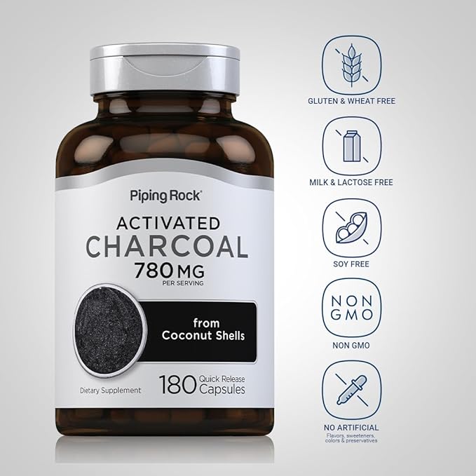Piping Rock Activated Charcoal Pills | 780 mg | 180 Capsules | from Coconut Shells | Non-GMO, Gluten Free Supplement