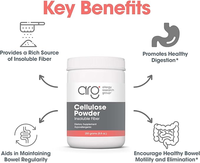 Allergy Research Group Cellulose Powder - Microcrystalline Cellulose Powder, 2000mg Insoluble Fiber Supplement, Powdered Cellulose, Non-Fermentable, Hypoallergenic - 8.8 Oz