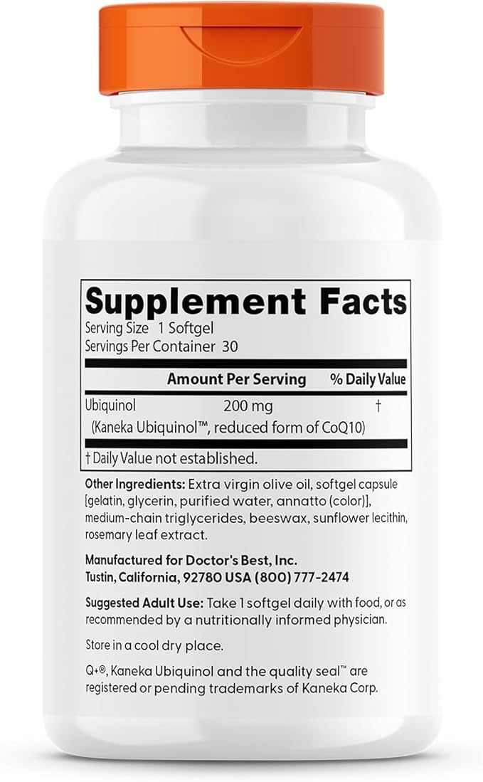 Doctors Best Ubiquinol, Reduced-Form Coenzyme Q1, 200 mg, Non-GMO, Gluten Free, Soy Free 30 Softgels