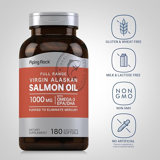 Piping Rock Wild Alaskan Salmon Fish Oil | 1000mg | 180 Softgels | Supplements for Humans | Omega-3, EPA, and DHA | Non-GMO and Gluten Free