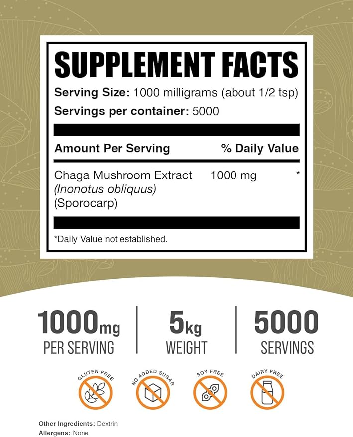 BulkSupplements.com Chaga Mushroom Extract Powder - Mushroom Supplement, from Chaga Mushrooms - 1000mg of Chaga Powder Extract per Serving, Gluten Free (5 Kilograms - 11 lbs)