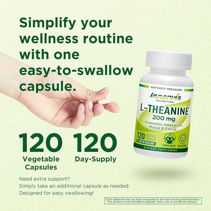 L-Theanine 200mg - Promotes Relaxation Focus and Concentration 120 Veggie Capsules Stress Relief Supplement