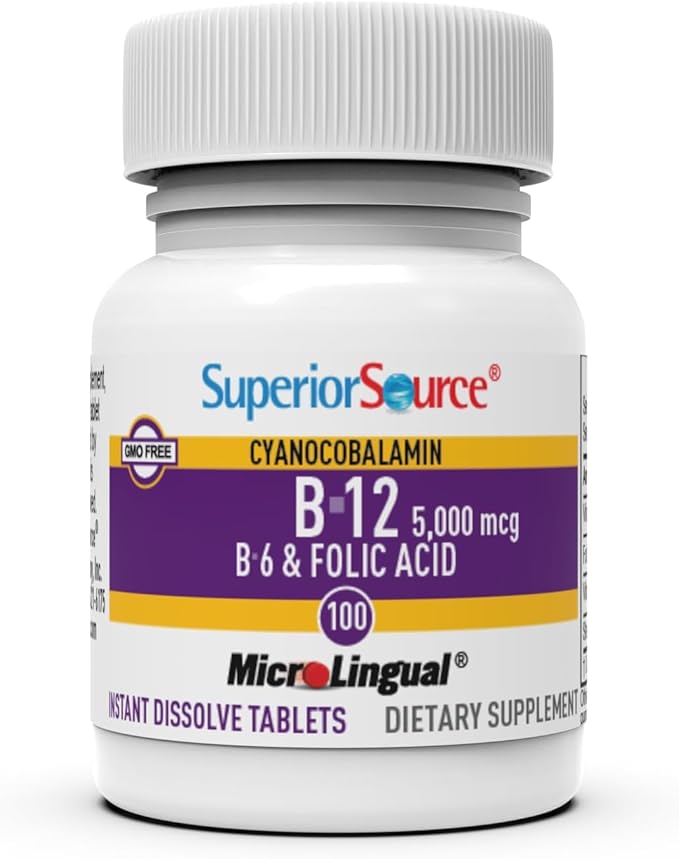 Superior Source No Shot Vitamin B-12 Cyanocobalamin 5000 mcg, B-6, Folic Acid 800 mcg - Support Brain & Heart Health - Aids Natural Energy Levels - 100 Sublingual Dissolving Tablets