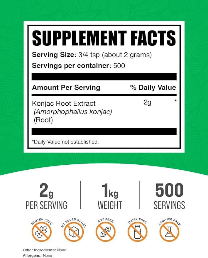 BulkSupplements.com Glucomannan Powder - from Konjac Root Extract Powder, Glucomannan Supplements - Gluten Free, 2g per Serving, 1kg (2.2 lbs) (Pack of 1)