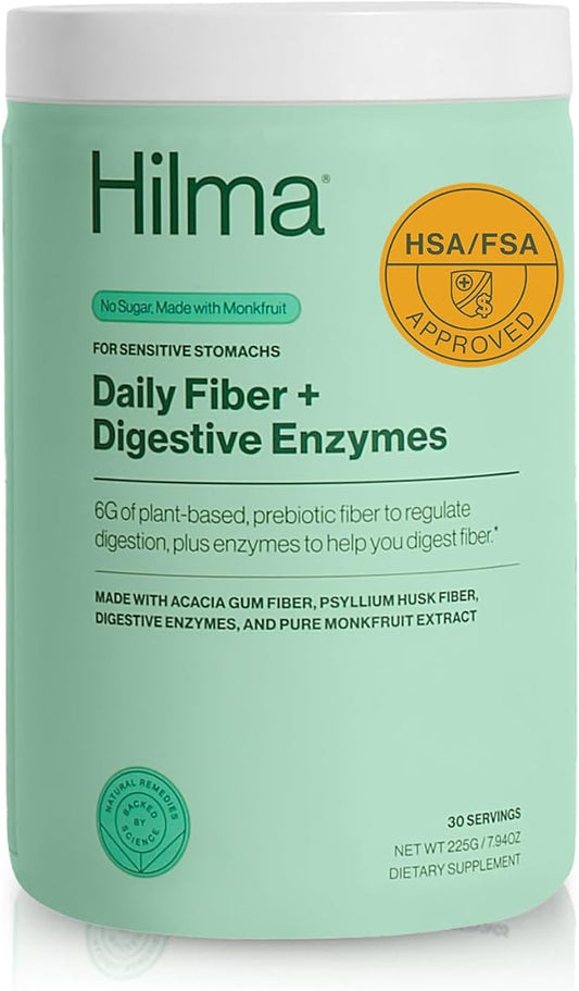 Hilma Daily Fiber and Digestive Enzymes, Fiber Supplement Powder with Prebiotics and Enzymes Formulated with Psyllium Husk and Acacia, Gluten Free, Vegan, FSA Eligible, Digestive Support, 30 Servings