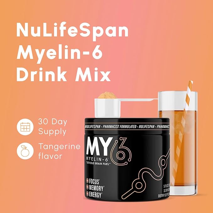 Myelin-6 Drink Mix - Focus Supplement & Brain Health with AlphaSize, L-Theanine, Teacrine, Memory & Cognitive Function Support, 30-Day, with Shaker Bottle & Stainless Steel Scoop