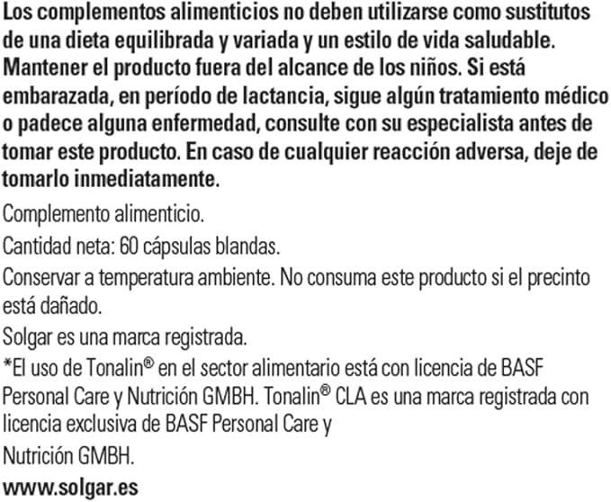 SOLGAR Tonalin CLA 1300 mg - 60 Softgels - Conjugated Linoleic Acid - Non-GMO, Gluten Free, Dairy Free - 60 Servings