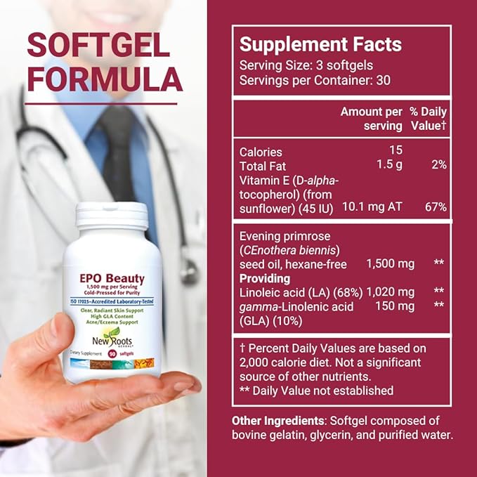 New Roots Evening Primrose Oil Supplement from Cold Pressed Oil - 500 mg (90 Softgels), High GLA Content Supports Women’s Health | Clear, Radiant Skin Support