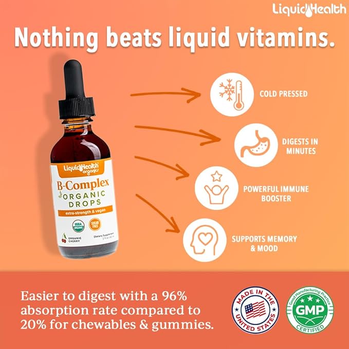 LIQUIDHEALTH USDA Organic Vitamin B Complex Drops for Men & Women - Natural Energy, Improved Focus, Memory & Mood, Immune Support, Metabolism Boost - USA Made, Extra Strength, Sugar Free, Vegan (2 oz)