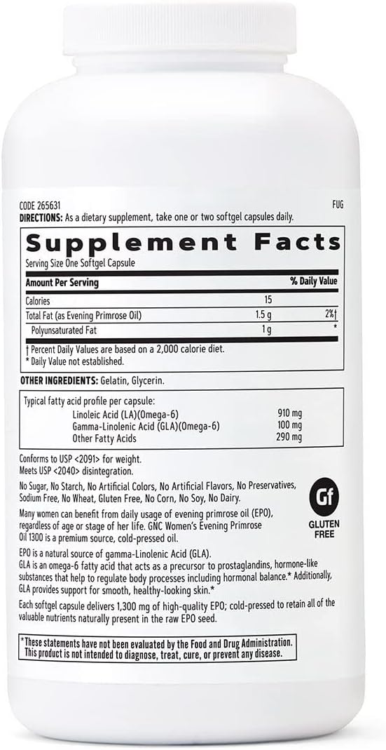 GNC Women's Evening Primrose Oil (EPO) 1300 mg | Supports Hormonal Balance, Immunity, Healthy Skin and Heart Health | Daily Vitamin | 180 Softgel Capsules