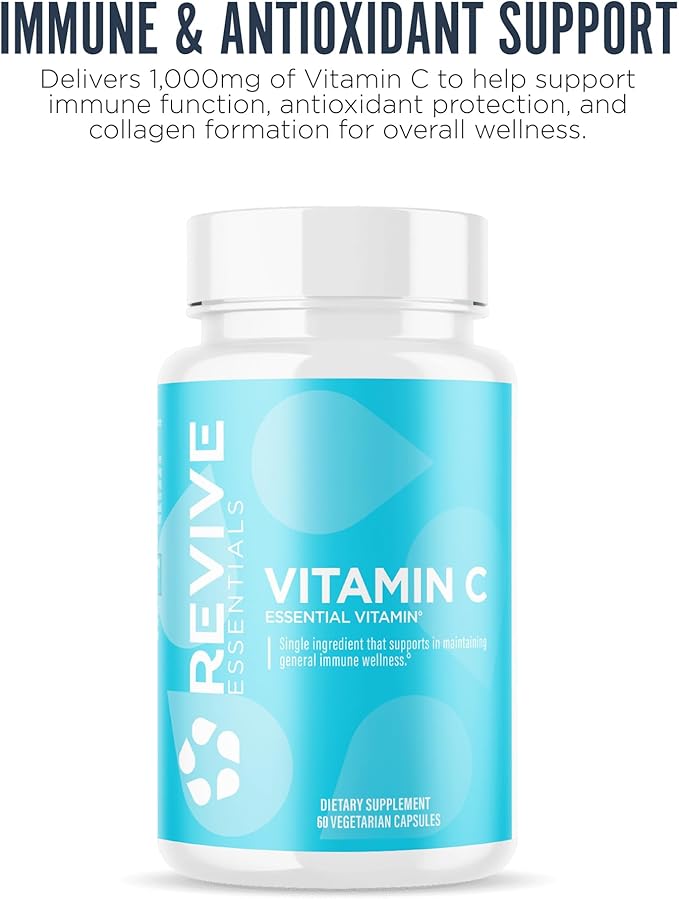 Revive MD Vitamin C Capsules, 1000mg - High-Potency VIT C Ascorbic Acid Dietary Supplement for Immune Support & Antioxidant Health - No Fillers & Non-GMO - 200 Vegetarian Capsules