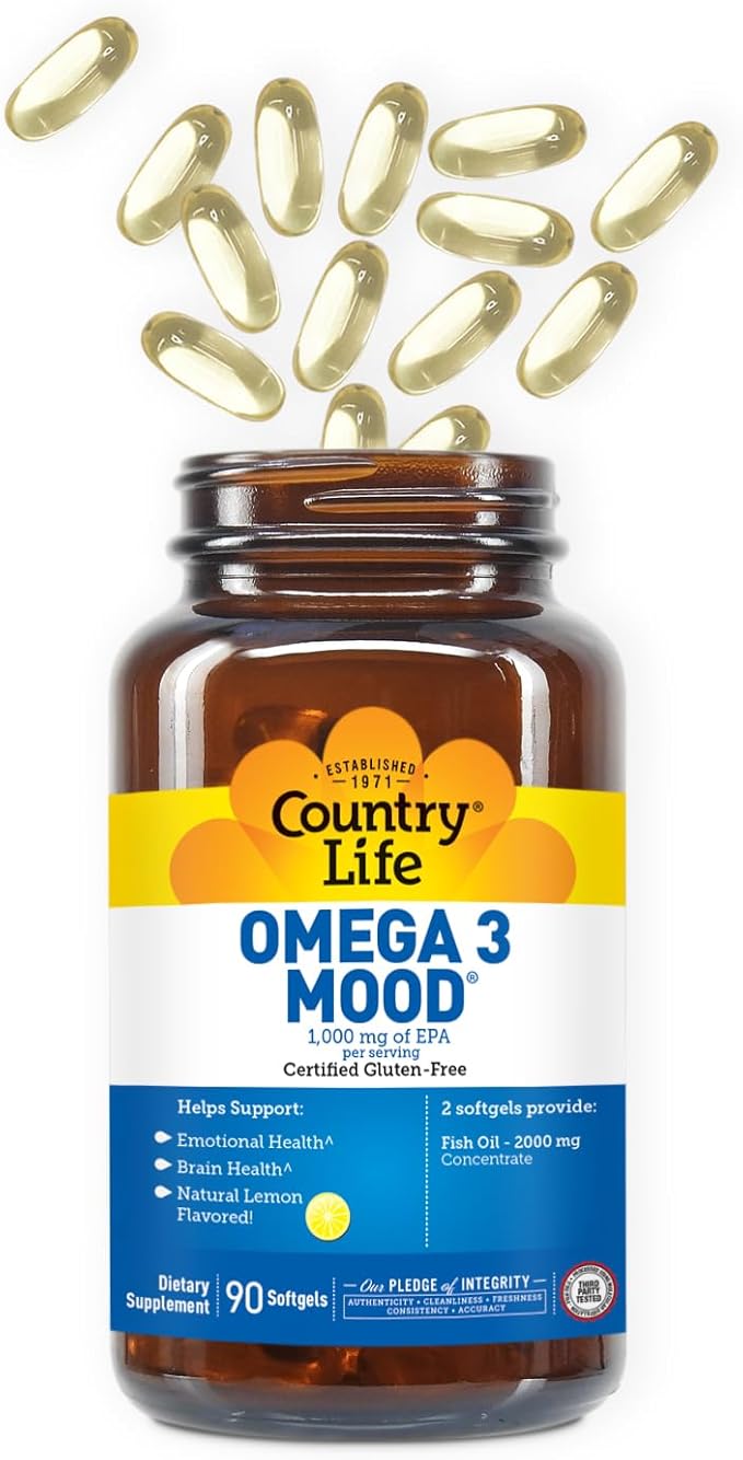 Country Life Omega 3 Mood, 2000mg Fish Oil with EPA & DHA, 90 Softgels, Certified Gluten Free