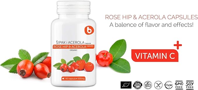 b Organic Rose HIPS Capsules & Acerola Vitamin C 1000mg - Plant Based Vitamin C Supplement Without Ascorbic Acid - Supports Overall Wellness - GMO-Free, Gluten-Free, 90 Vegan Capsules