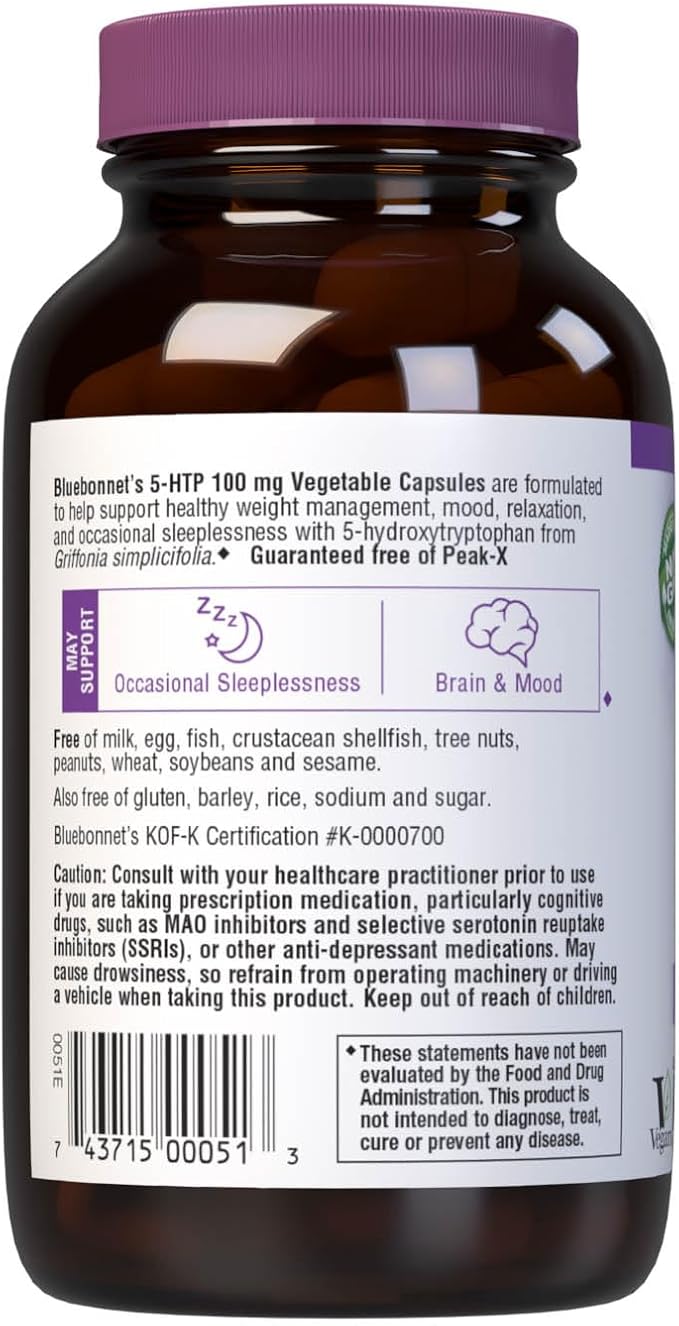 Bluebonnet Nutrition 5-HTP (Hydroxytrypophan) 100mg, for Neurotransmitter Support*, Supports Positive Mood*, Soy-Free, Gluten-Free, Non-GMO, Kosher Certified, Vegan, 60 Vegetable Capsule, 60 Serving